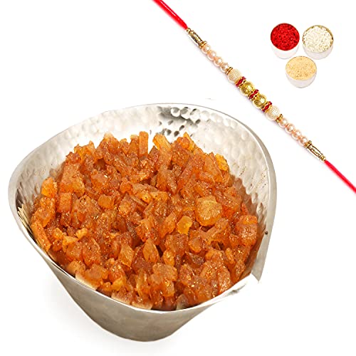 Ghasitaram Gifts Rakhi Gifts for Brothers Rakhi Dryfruits- Silver Aluminium Masala Mango Bowl with Pearl Rakhi von Ghasitaram Gifts