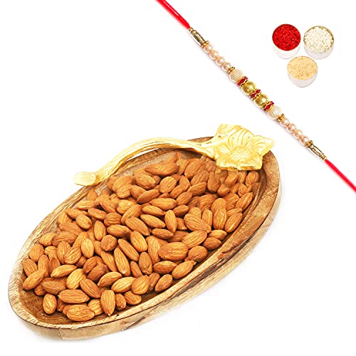 Ghasitaram Gifts Rakhi Gifts for Brothers Rakhi Dryfruits- Wooden Almond Platter with Pearl Rakhi von Ghasitaram Gifts