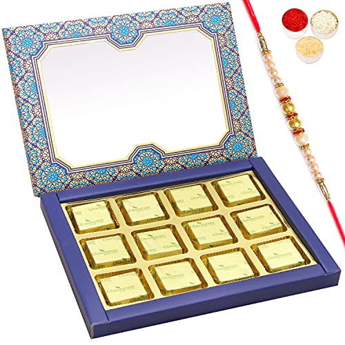 Ghasitaram Gifts Rakhi Gifts for Brothers Rakhi Sugafree Chocolates - 12 pcs Blue Printed Roasted Almond Sugafree Chocolates Box with Pearl Rakhi von Ghasitaram Gifts