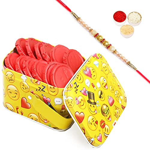 Ghasitaram Gifts Rakhi Gifts for Brothers Rakhi Sugafree Chocolates-Smiley Chococlates in Smiley Tin Box with Pearl Rakhi von Ghasitaram Gifts