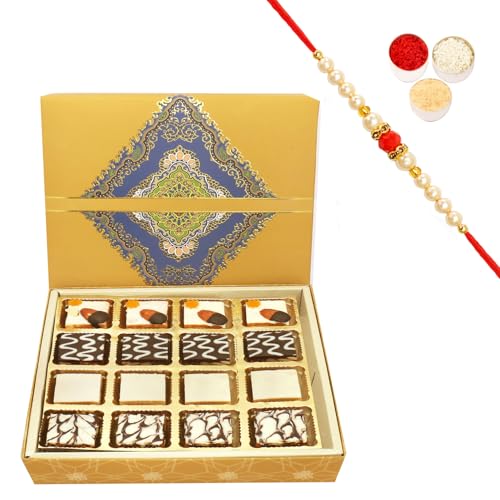 Ghasitaram Gifts Rakhi Gifts for Brothers Rakhi Sweets - 16 pcs Assorted Choco Dryfruit Bites SQ Box with Beads Rakhi von Ghasitaram Gifts