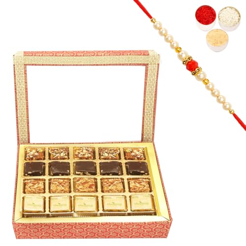 Ghasitaram Gifts Rakhi Gifts for Brothers Rakhi Sweets - 20 pcs Assorted Bites Hamper Box with Beads Rakhi von Ghasitaram Gifts