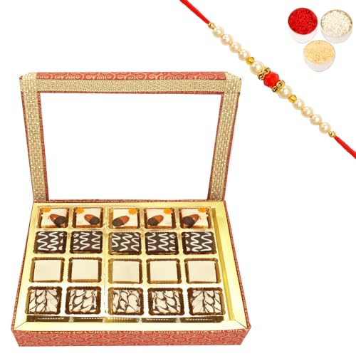 Ghasitaram Gifts Rakhi Gifts for Brothers Rakhi Sweets - 20 pcs Assorted Choco Dryfruit Bites Hamper Box with Beads Rakhi von Ghasitaram Gifts