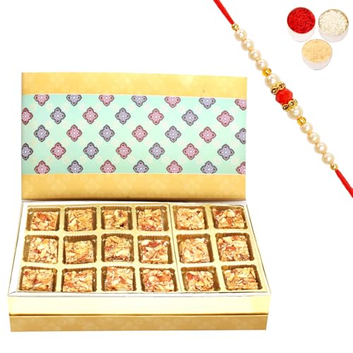 Ghasitaram Gifts Rakhi Gifts for Brothers Rakhi Sweets - 5 Part 18 Print Pcs Roasted Almond Bites Box with Beads Rakhi von Ghasitaram Gifts