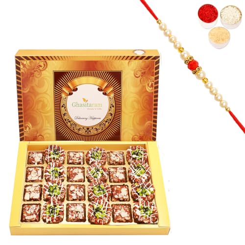 Ghasitaram Gifts Rakhi Gifts for Brothers Rakhi Sweets - Assorted Anjeer Sweets 24 Pcs with Beads Rakhi von Ghasitaram Gifts