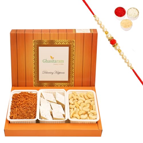 Ghasitaram Gifts Rakhi Gifts for Brothers Rakhi Sweets - Assorted Box Kaju Katli, SOYA Sev and Cashew Shaped Biscuits with Beads Rakhi von Ghasitaram Gifts