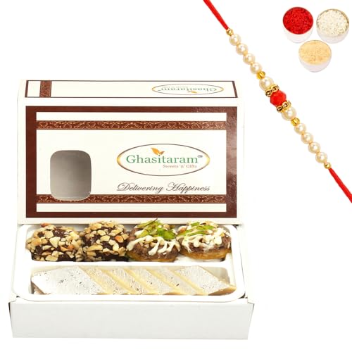 Ghasitaram Gifts Rakhi Gifts for Brothers Rakhi Sweets - Assorted Box Pure Kaju Katlis, Dryfruit Sweets 200 GMS with Beads Rakhi von Ghasitaram Gifts