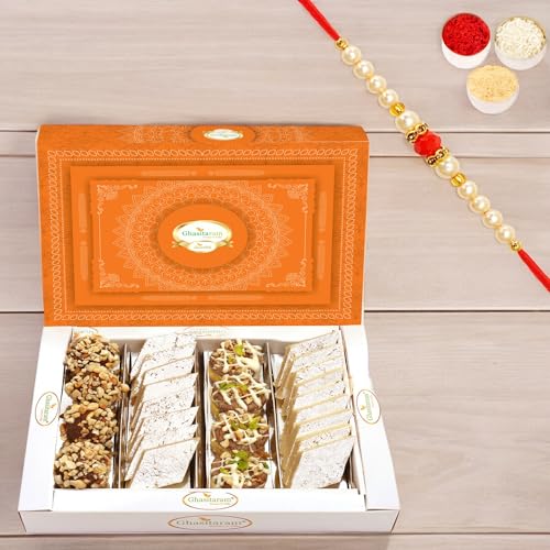 Ghasitaram Gifts Rakhi Gifts for Brothers Rakhi Sweets - Assorted Box Pure Kaju Katlis, Dryfruit Sweets 400 GMS with Beads Rakhi von Ghasitaram Gifts