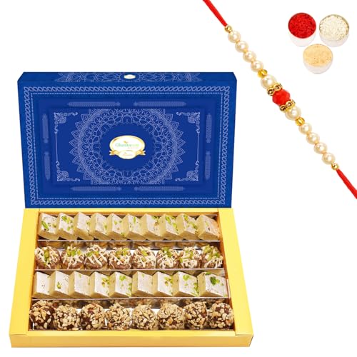 Ghasitaram Gifts Rakhi Gifts for Brothers Rakhi Sweets - Assorted Box of Barfis, Dryfruit Sweets 800 GMS with Beads Rakhi von Ghasitaram Gifts