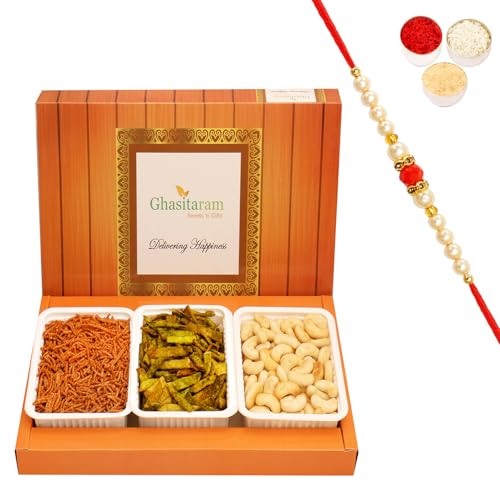 Ghasitaram Gifts Rakhi Gifts for Brothers Rakhi Sweets - Assorted Box of SOYA Sev, Cashew Shaped Biscuits and Palak Potato Chips with Beads Rakhi von Ghasitaram Gifts