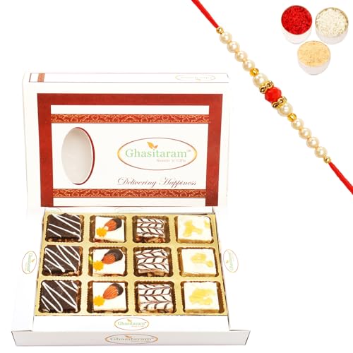 Ghasitaram Gifts Rakhi Gifts for Brothers Rakhi Sweets - Assorted Chocolate Dryfruit Delight Sweets 12 pcs with Beads Rakhi von Ghasitaram Gifts