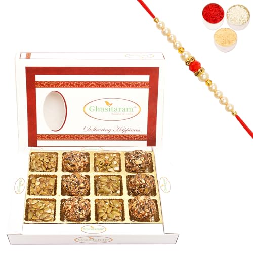 Ghasitaram Gifts Rakhi Gifts for Brothers Rakhi Sweets - Assorted Healthy Seeds Sweets Box 12 pcs with Beads Rakhi von Ghasitaram Gifts