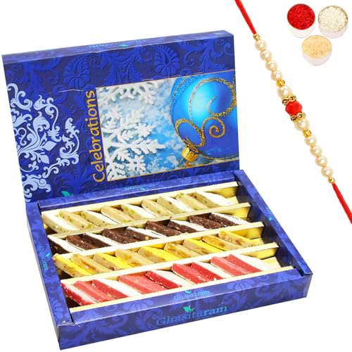 Ghasitaram Gifts Rakhi Gifts for Brothers Rakhi Sweets - Assorted Irish Kaju Katlis 800 GMS with Beads Rakhi von Ghasitaram Gifts