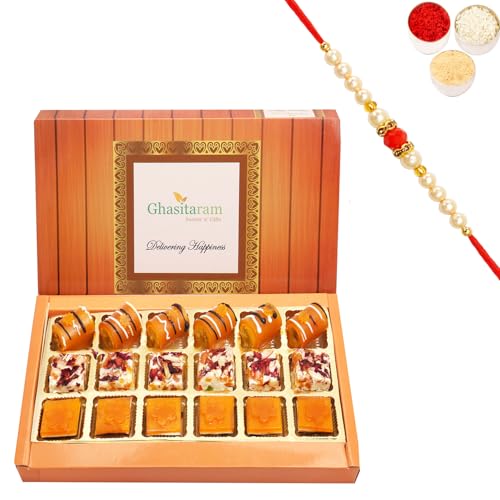 Ghasitaram Gifts Rakhi Gifts for Brothers Rakhi Sweets - Assorted Mango Delight Sweets 18 pcs with Beads Rakhi von Ghasitaram Gifts