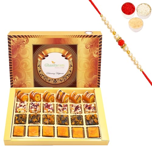 Ghasitaram Gifts Rakhi Gifts for Brothers Rakhi Sweets - Assorted Mango Delight Sweets 24 pcs with Beads Rakhi von Ghasitaram Gifts