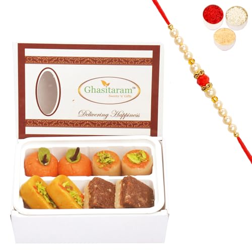 Ghasitaram Gifts Rakhi Gifts for Brothers Rakhi Sweets - Assorted Sweets Box (200 GMS) with Beads Rakhi von Ghasitaram Gifts