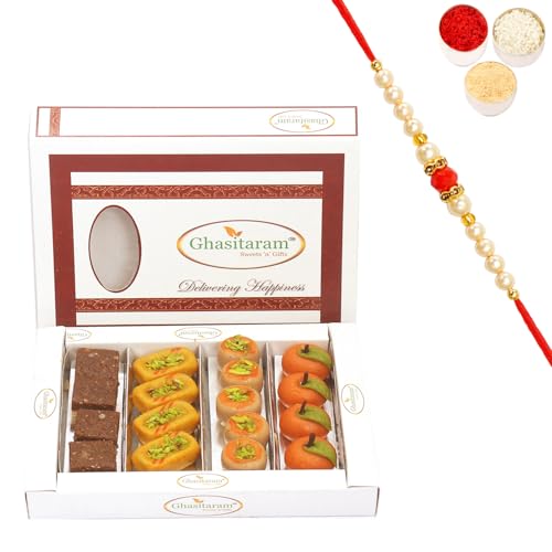 Ghasitaram Gifts Rakhi Gifts for Brothers Rakhi Sweets - Assorted Sweets Box (400 GMS) with Beads Rakhi von Ghasitaram Gifts