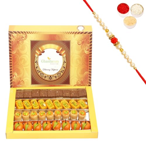 Ghasitaram Gifts Rakhi Gifts for Brothers Rakhi Sweets - Assorted Sweets Box (800 GMS) with Beads Rakhi von Ghasitaram Gifts