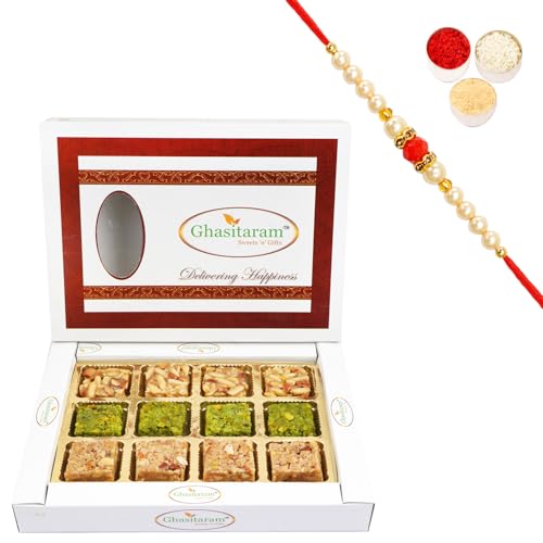 Ghasitaram Gifts Rakhi Gifts for Brothers Rakhi Sweets - Assortment of Premium Barfis Pista, Walnut and Pinenut 12pcs with Beads Rakhi von Ghasitaram Gifts