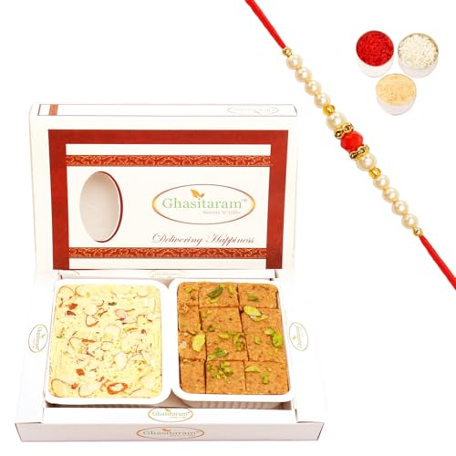 Ghasitaram Gifts Rakhi Gifts for Brothers Rakhi Sweets - Besan Barfi and Soan Papdi Hamper with Beads Rakhi von Ghasitaram Gifts