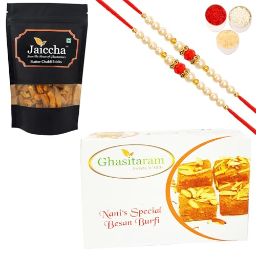 Ghasitaram Gifts Rakhi Gifts for Brothers Rakhi Sweets - Best of 2 Besan Barfi and Butter Chakli Sticks Pouch with 2 Beads Rakhis von Ghasitaram Gifts