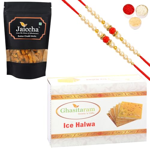 Ghasitaram Gifts Rakhi Gifts for Brothers Rakhi Sweets - Best of 2 Ice halwa and Butter Chakli Sticks Pouch with 2 Beads Rakhis von Ghasitaram Gifts