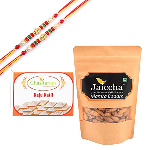 Ghasitaram Gifts Rakhi Gifts for Brothers Rakhi Sweets - Best of 2 Kaju Katlis, and Mamra Almonds with 2 Beads Rakhis von Ghasitaram Gifts