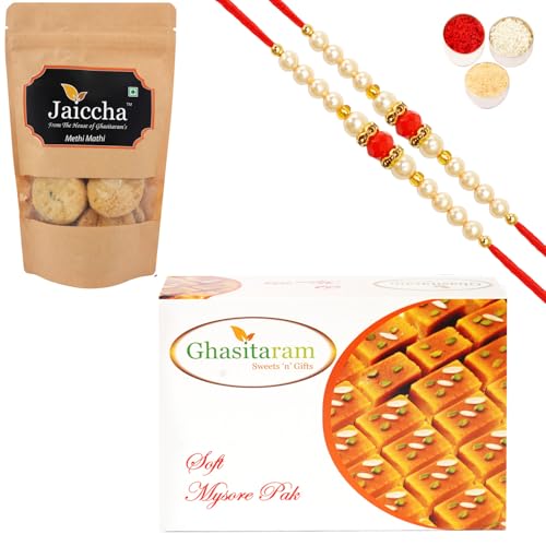 Ghasitaram Gifts Rakhi Gifts for Brothers Rakhi Sweets - Best of 2 Mysore Pak and Methi Mathi Pouch with 2 Beads Rakhis von Ghasitaram Gifts