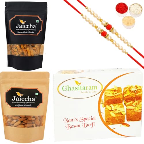 Ghasitaram Gifts Rakhi Gifts for Brothers Rakhi Sweets - Best of 3 Besan Barfi, Methi Mathi Pouch and Almonds Pouch with 2 Beads Rakhis von Ghasitaram Gifts