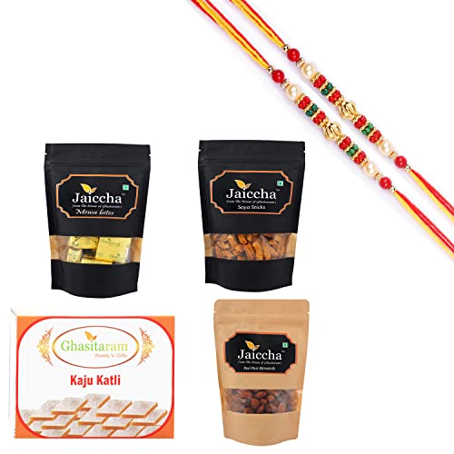 Ghasitaram Gifts Rakhi Gifts for Brothers Rakhi Sweets - Best of 4 Kaju Katli, MEWA Bites Pouch, SOYA Sticks Pouch and Flavoured Almonds Pouch with 2 Beads Rakhis von Ghasitaram Gifts