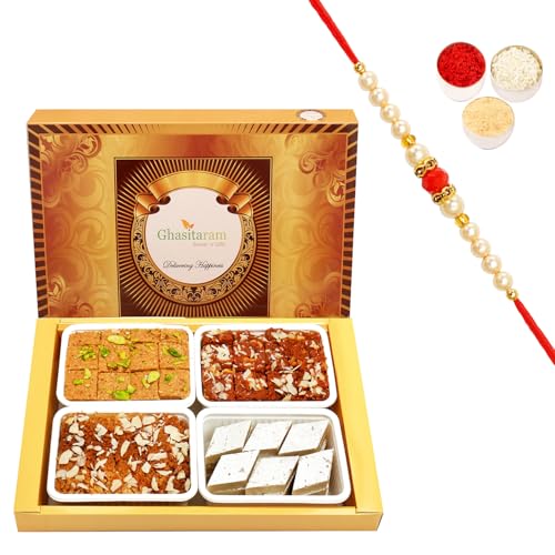 Ghasitaram Gifts Rakhi Gifts for Brothers Rakhi Sweets - Big Box of Kaju Katli, Besan Barfi, Dodha Barfi and Milk Cake with Beads Rakhi von Ghasitaram Gifts