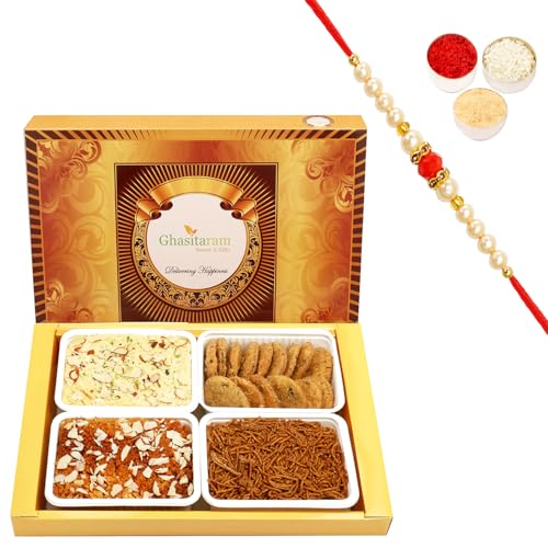 Ghasitaram Gifts Rakhi Gifts for Brothers Rakhi Sweets - Big Box of Soan Papdi, Milk Cake, Methi Mathi and SOYA Sev with Beads Rakhi von Ghasitaram Gifts