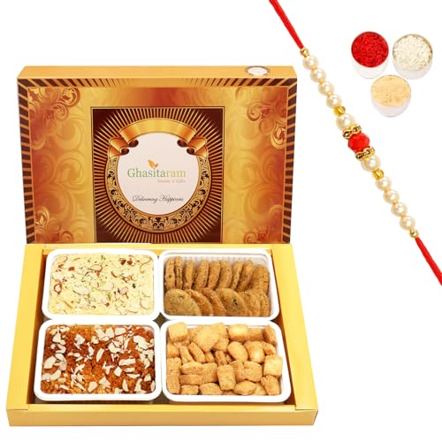 Ghasitaram Gifts Rakhi Gifts for Brothers Rakhi Sweets - Big Box of Soan Papdi, dodha barfi, Methi mathi and shakar pada with Beads Rakhi von Ghasitaram Gifts