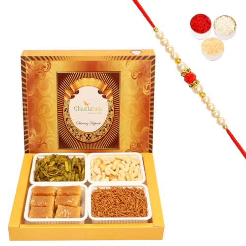 Ghasitaram Gifts Rakhi Gifts for Brothers Rakhi Sweets - Big Box of Soft Mysore Pak, SOYA Sev, Cashew Sahped Biscuits and Palak Potato Chips with Beads Rakhi von Ghasitaram Gifts