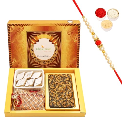 Ghasitaram Gifts Rakhi Gifts for Brothers Rakhi Sweets - Big Box of Walnut Chocolate Bark, Almonds and Kaju Katli with Beads Rakhi von Ghasitaram Gifts