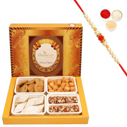 Ghasitaram Gifts Rakhi Gifts for Brothers Rakhi Sweets - Big Box of kaju katli, dodha barfi, Methi mathi and shakar pada with Beads Rakhi von Ghasitaram Gifts