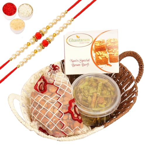 Ghasitaram Gifts Rakhi Gifts for Brothers Rakhi Sweets - Big Metal Brown Basket of Besan Barfi, Almonds Pouch and Palak Chips with 2 Beads Rakhis von Ghasitaram Gifts