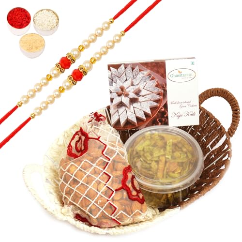 Ghasitaram Gifts Rakhi Gifts for Brothers Rakhi Sweets - Big Metal Brown Basket of Kaju Katli, Almonds Pouch and Palak Chips with 2 Beads Rakhis von Ghasitaram Gifts