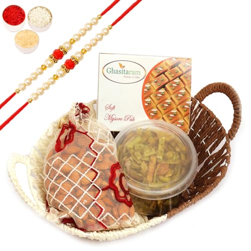 Ghasitaram Gifts Rakhi Gifts for Brothers Rakhi Sweets - Big Metal Brown Basket of Mysore Pak, Almonds Pouch and Palak Chips with 2 Beads Rakhis von Ghasitaram Gifts