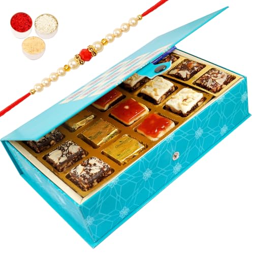 Ghasitaram Gifts Rakhi Gifts for Brothers Rakhi Sweets - Blue Rectangular Box of Assorted Bites 15 pcs with Beads Rakhi von Ghasitaram Gifts