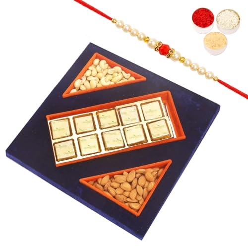 Ghasitaram Gifts Rakhi Gifts for Brothers Rakhi Sweets - Blue Velvet Tray of MEWA Bites, Almonds and Cashew Pouches with Beads Rakhi von Ghasitaram Gifts