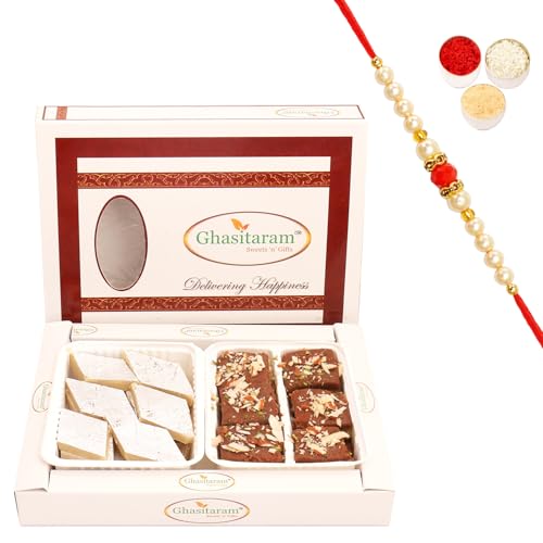 Ghasitaram Gifts Rakhi Gifts for Brothers Rakhi Sweets - Box of Kaju Katli and Chocolate Mawa Barfi with Beads Rakhi von Ghasitaram Gifts