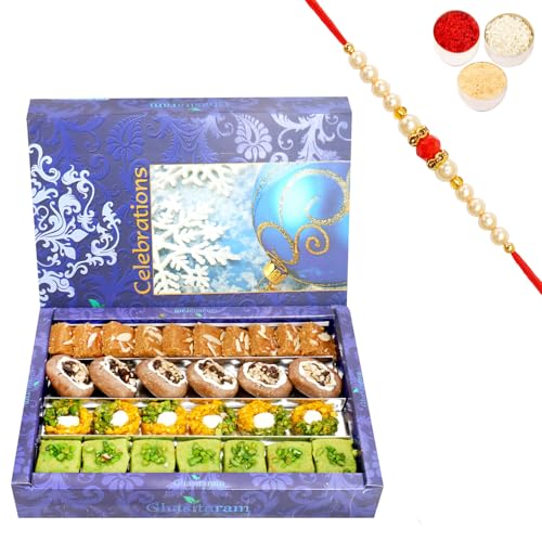 Ghasitaram Gifts Rakhi Gifts for Brothers Rakhi Sweets - Ghasitaram Gifts Assorted Box of Pista Barfi, Kesar Pista Delight, Choco Boat and Besan Barfi 800 GMS with Beads Rakhi von Ghasitaram Gifts