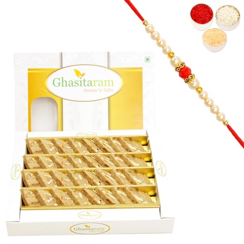 Ghasitaram Gifts Rakhi Gifts for Brothers Rakhi Sweets - Ghasitaram's Gulkand Kaju Katli 400 GMS with Beads Rakhi von Ghasitaram Gifts