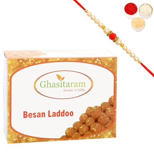 Ghasitaram Gifts Rakhi Gifts for Brothers Rakhi Sweets - Ghasitaram's Special Besan Laddoo (200 GMS) with Beads Rakhi von Ghasitaram Gifts