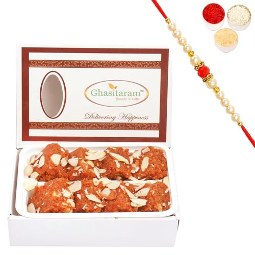 Ghasitaram Gifts Rakhi Gifts for Brothers Rakhi Sweets - Ghasitaram's Special Dodha Barfi (200 GMS) with Beads Rakhi von Ghasitaram Gifts