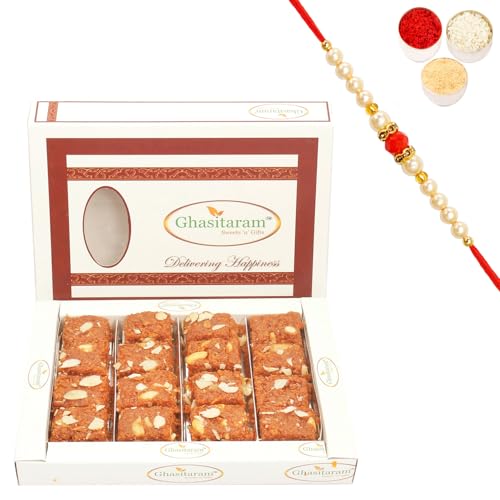 Ghasitaram Gifts Rakhi Gifts for Brothers Rakhi Sweets - Ghasitaram's Special Dodha Barfi (400 GMS) with Beads Rakhi von Ghasitaram Gifts