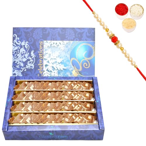 Ghasitaram Gifts Rakhi Gifts for Brothers Rakhi Sweets - Ghasitarams Sweets Chocolate Kaju Katli 800 GMS with Beads Rakhi von Ghasitaram Gifts