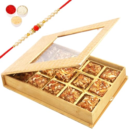 Ghasitaram Gifts Rakhi Gifts for Brothers Rakhi Sweets - Golden Leather Finish 15 pcs Roasted Almond Bites Box with Beads Rakhi von Ghasitaram Gifts