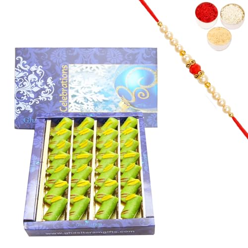 Ghasitaram Gifts Rakhi Gifts for Brothers Rakhi Sweets - KAJU Pista ROLL (800 GMS) with Beads Rakhi von Ghasitaram Gifts